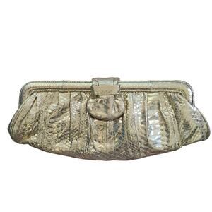 Arden B Bags Gold Metallic Snakeskin Print Frame Magnetic Closure Clutch